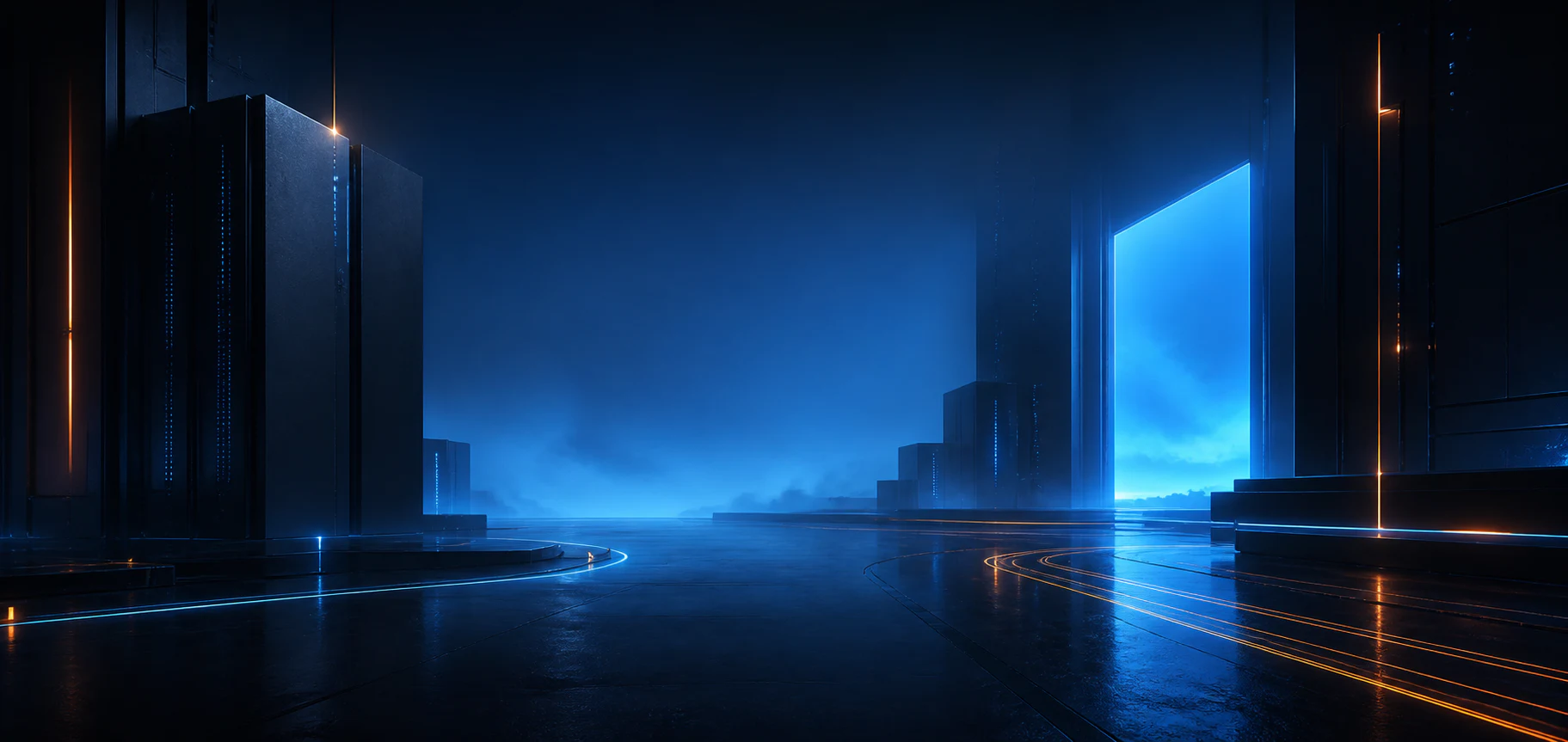 Abstract NexHost infrastructure portal illuminated in cobalt blue